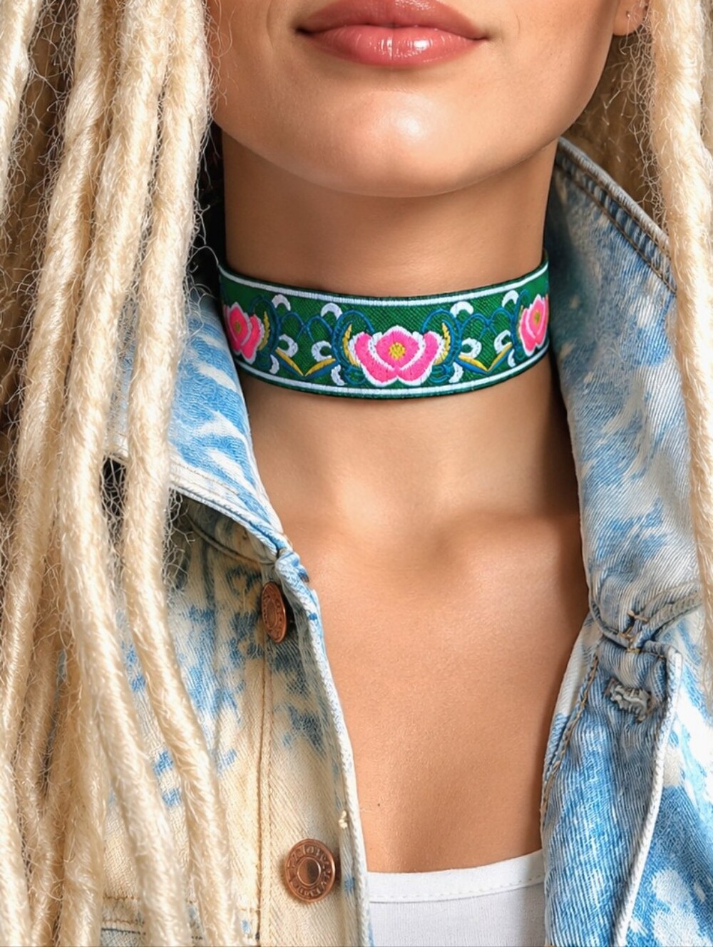 ❤️ FP Jewelry Silver LOTUS Choker Necklace Ethnic Fabric Embroidered Choker